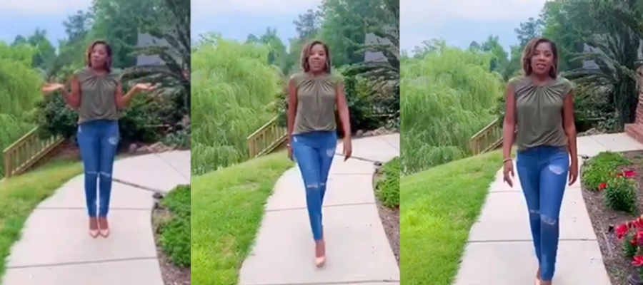 Three images of same woman demonstrating a runway walk