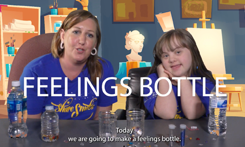 woman and adolescent talking with "feelings bottle" text overlaid