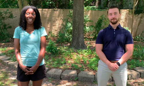 woman and man speaking to camera