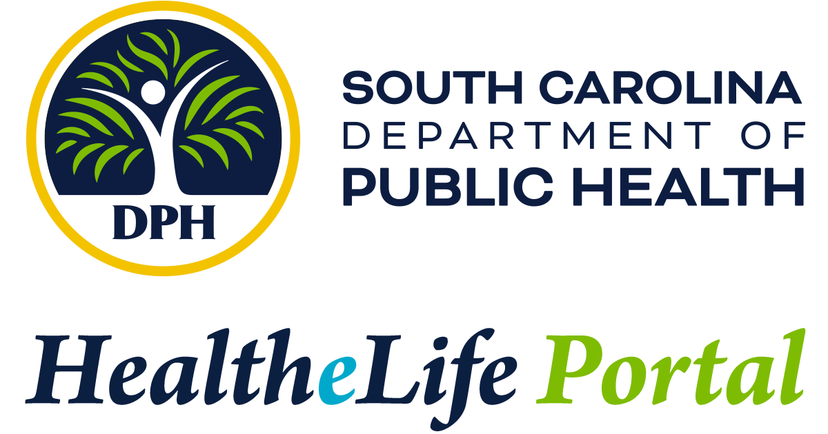 SC DPH Logo above HealtheLife Portal text in dark blue and lime green