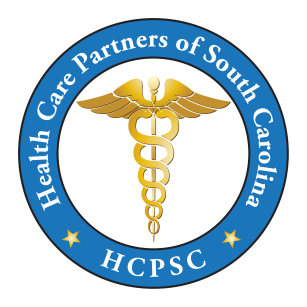 Health Care Partners of South Carolina in blue circle around gold nursing symbol