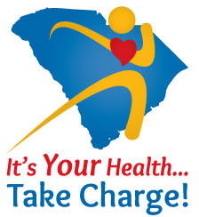 Yellow running person with red heart on top of blue SC state. It's Your Health... Take Charge! text below