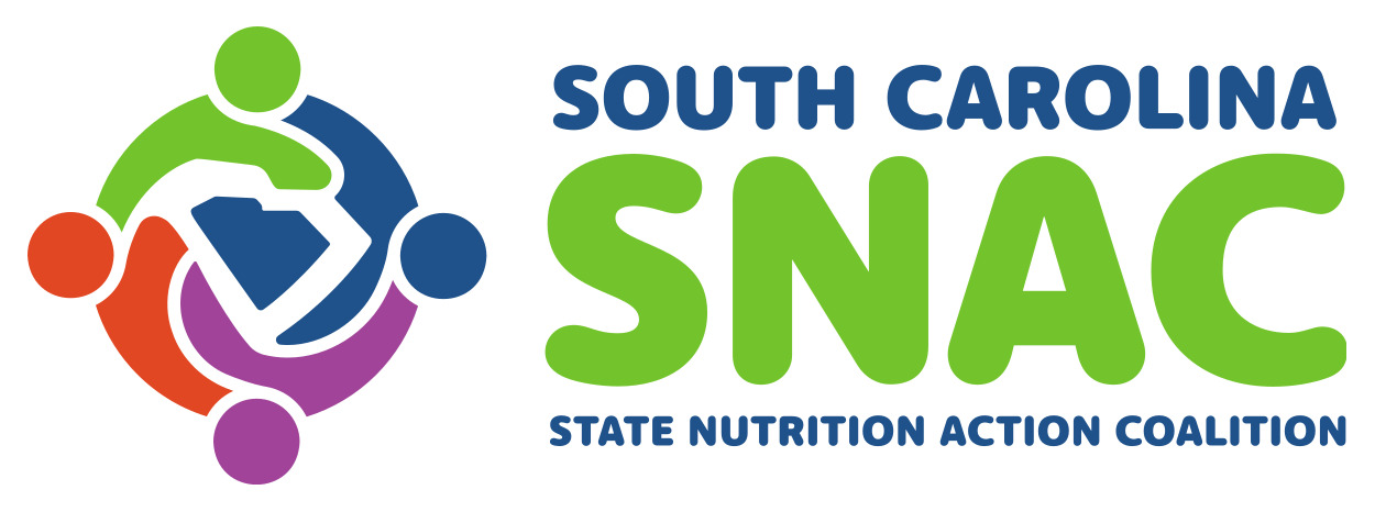 Four people outline in a circle around SC state image. South Carolina SNAC State Nutrition Action Coalition text is to the left