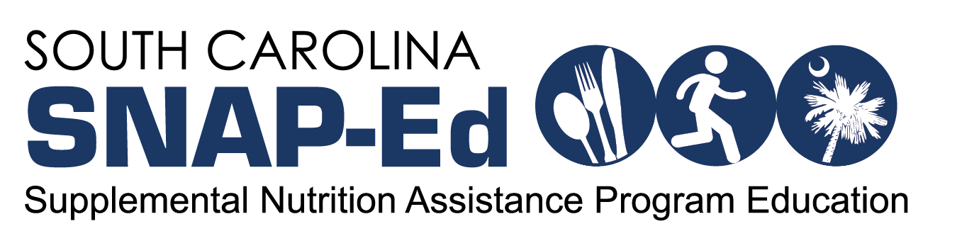 South Carolina SNAP-Ed logo (cutlery, person running, palmetto tree, in three blue circles). Text under: Supplemental Nutrition Assistance Program