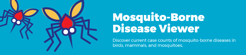 Mosquito-borne disease viewer in white text on light blue background with red, yellow, and black drawn mosquitoes to the left of the text