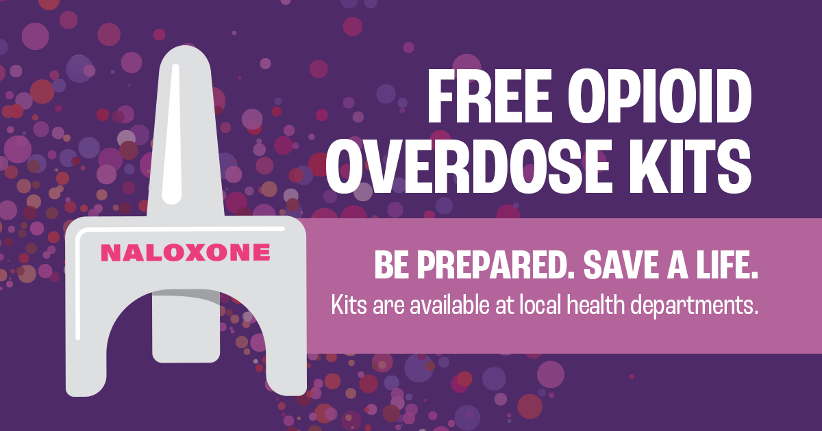 Free Opioid Overdose Kits. Kits are available at local health departments. Naloxone spray to left of text