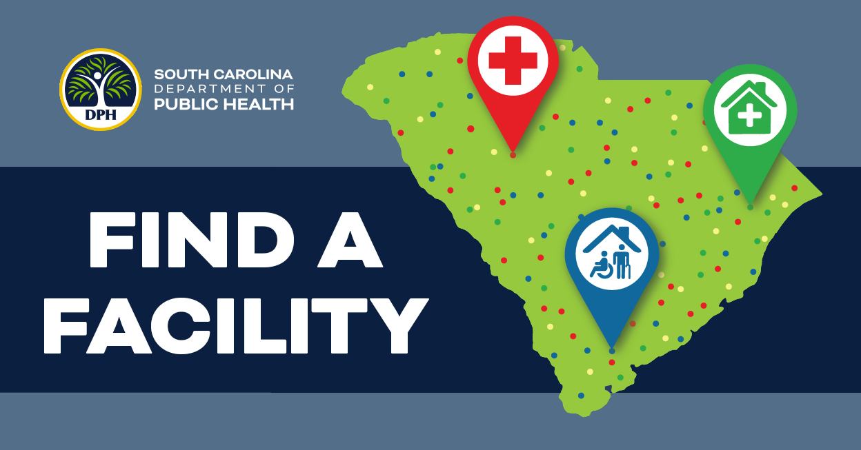 Find a Facility with a green map of SC with options for hospitals, home care, and outpatient care symbols