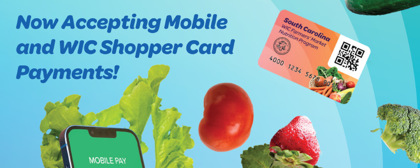 Blue background with floating fruits, veggies, a cell phone, and WIC card. Now accepting mobile and WIC shopper card payments! in blue text