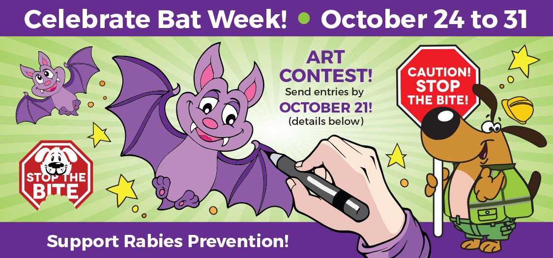 Celebrate bat week! October 24-31. Drawings of bats and dog with 'caution stop the bite!' stop sign