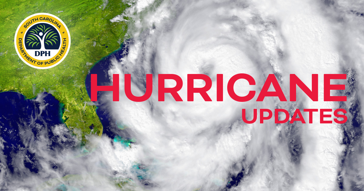 Hurricane Updates in red font over photo of hurricane on the east coast. DPH logo in upper left corner