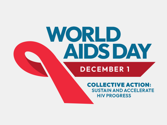 World AIDS Day in blue above a sideways red ribbon with 'December 1' date inside. Collective action: Sustain and accelerate HIV progress in blue below the ribbon