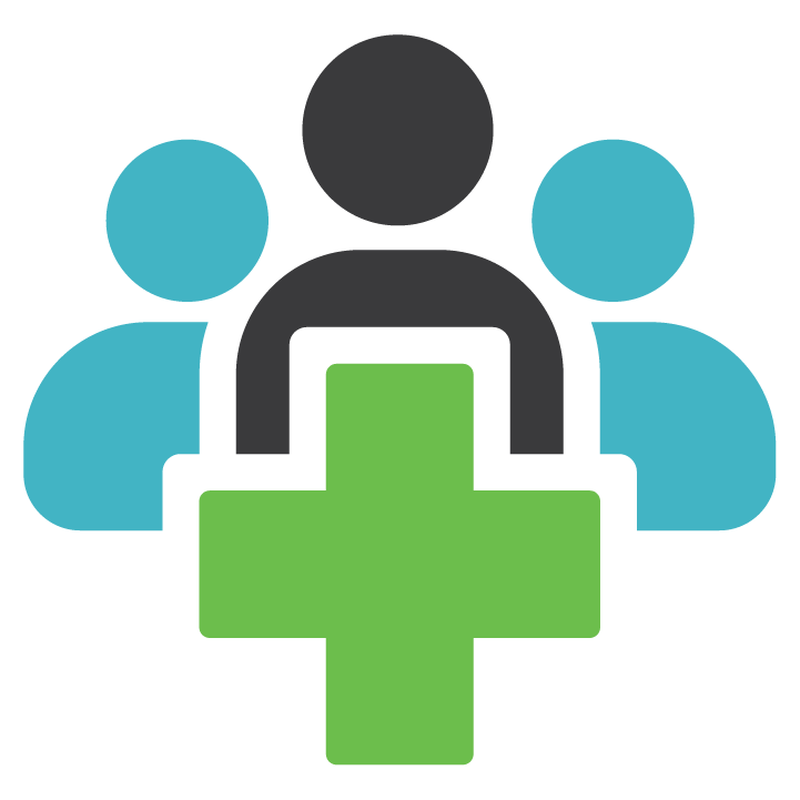 Illustration of one gray and two blue people on either side with green plus in the middle below them