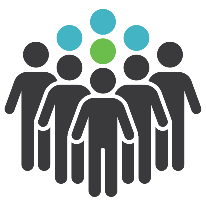 Illustration of group of gray people with blue and green dots above their heads