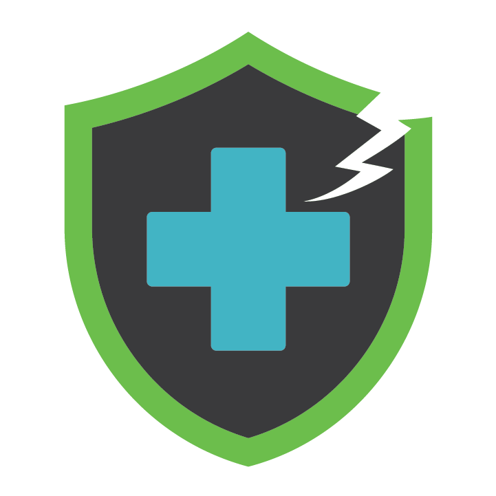 Illustration of gray shield with green outline. Blue plus in the middle and lightning strike coming through the top right corner of shield