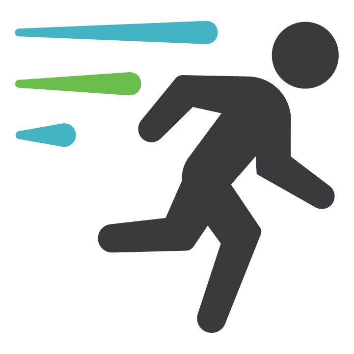 Illustration of gray person running to the right with blue and green streaks behind them