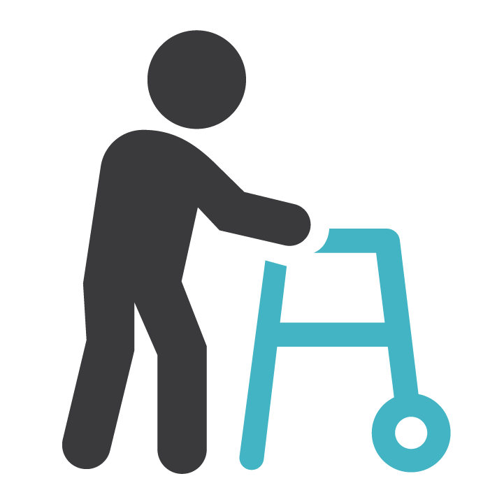 Illustration of gray elderly man with blue walker