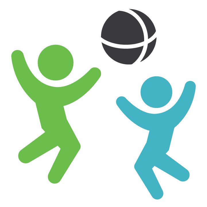 Illustration of one green and one blue person jumping with gray basketball in between them