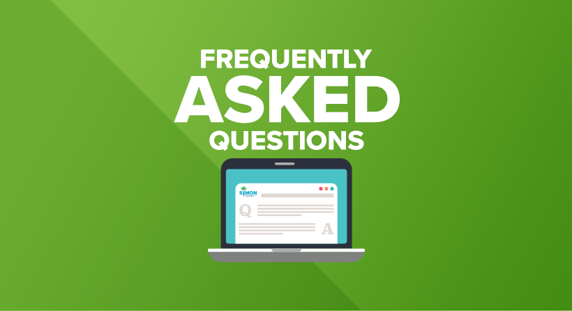 Frequently asked questions in white on green background above laptop screen