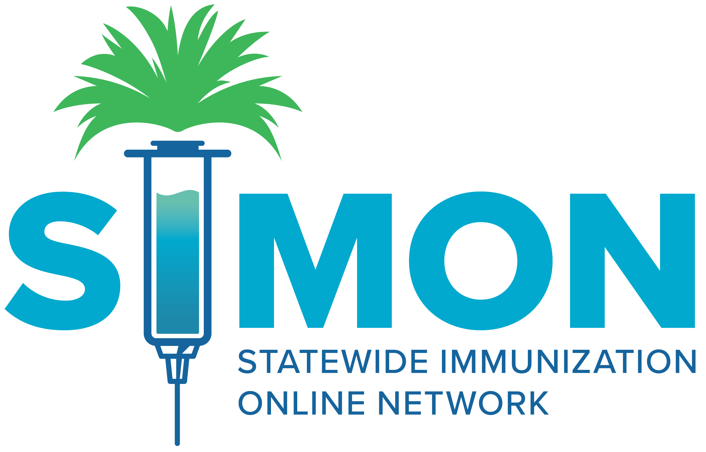 SIMON in light blue- the 'I' is a syringe with palmetto leaves coming out the top. Statewide Immunization Online Network in blue text in bottom right
