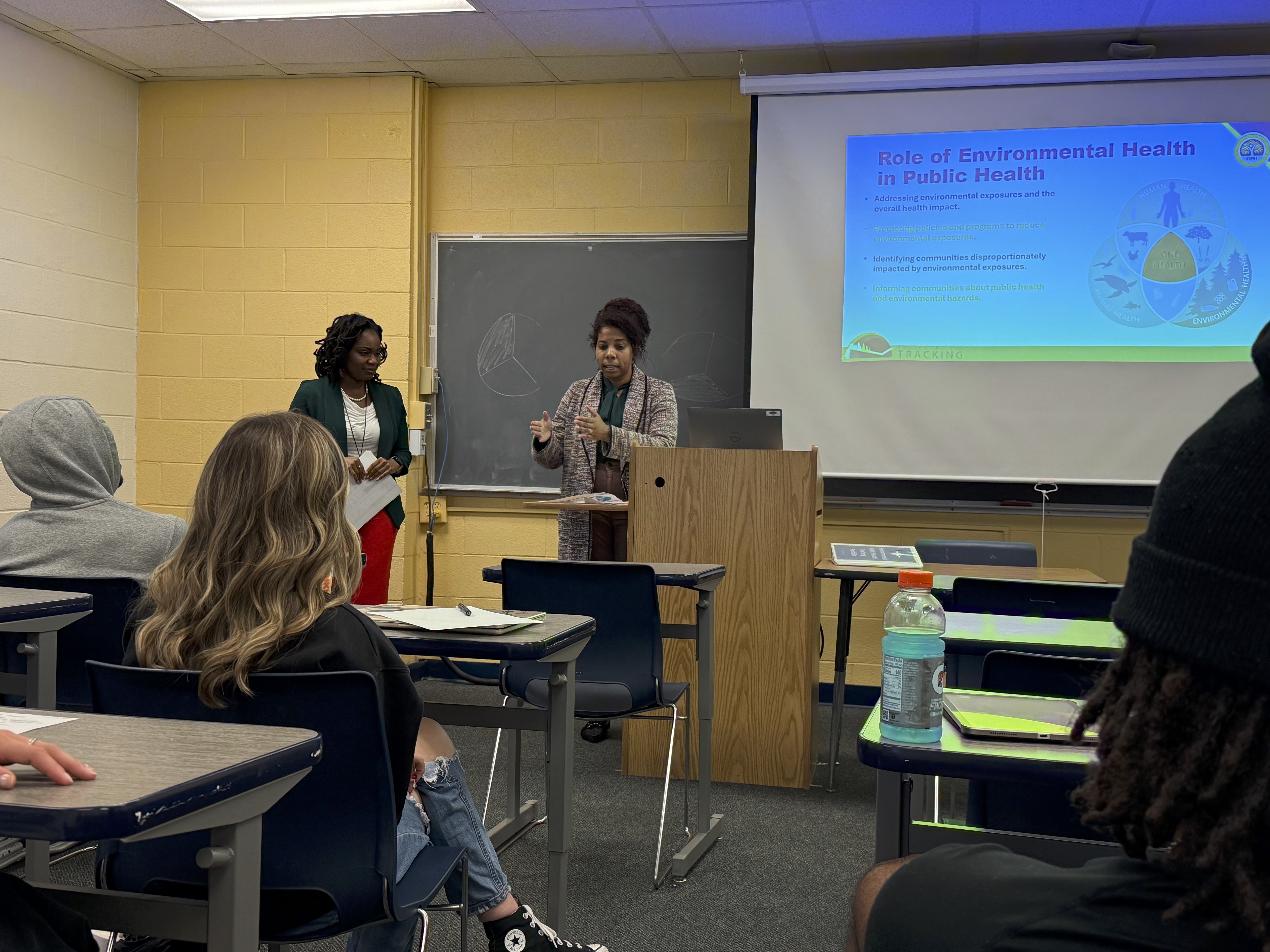 Emmanuelle Durant and Deanna Foster present to students
