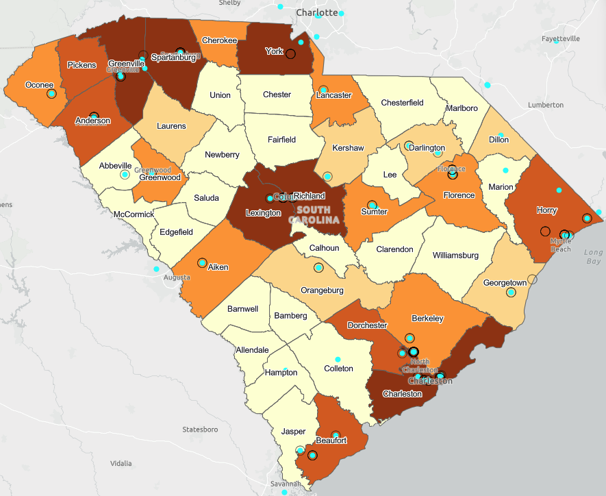 map of SC urology practices by county