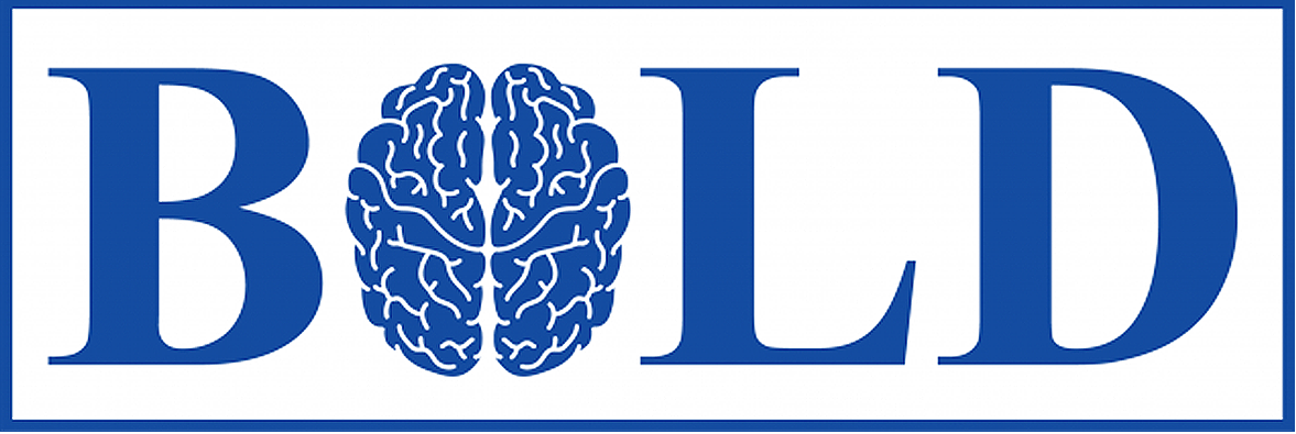 BOLD in blue letters with the O replaced by a brain