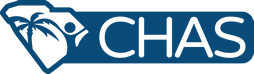 Logo for CHAS; Children's Health Assessment Survey, Logo is blue with the outline of the state of South Carolina next to the acronym. Inside the state there is a palm tree and a stick figure child linked together.