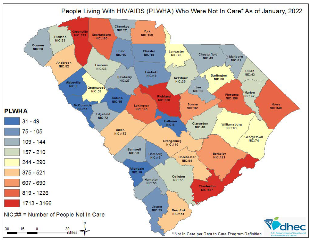 Map of People in South Carolina Living with HIV/AIDS, counties are assigned a color based on population "Who were not in Care" As of January 2022