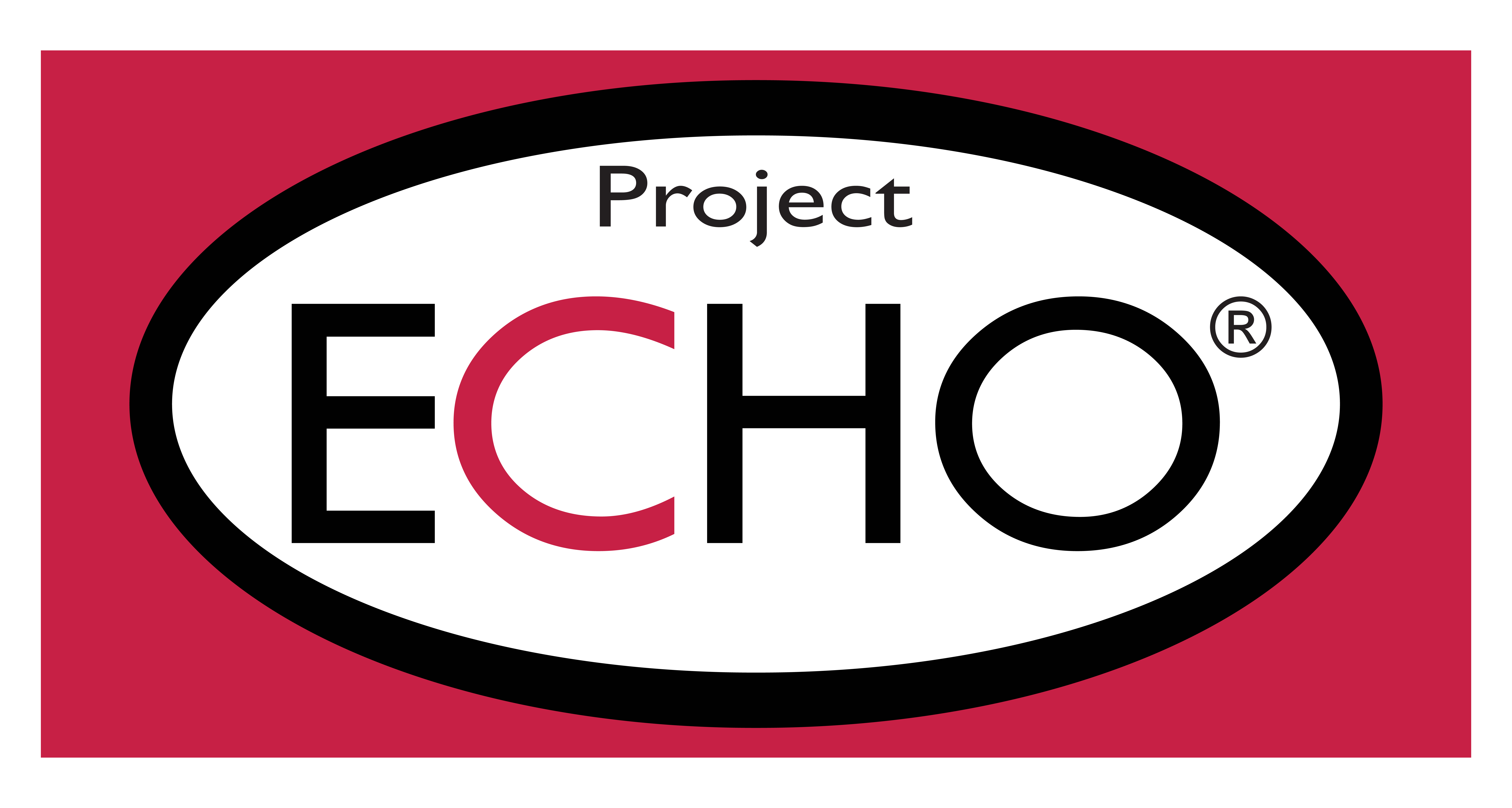 Project ECHO in black, C in red, in a white circle with a black outline. Background behind the circle is red