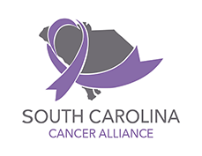 gray state of SC with purple ribbon around it. below the graphic: South Carolina CANCER ALLIANCE in gray and Cancer Alliance in purple.