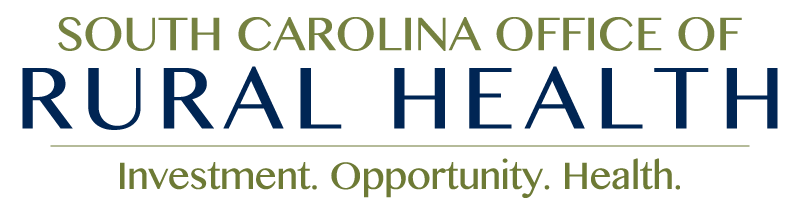 'South Carolina Office of RURAL HEALTH' in green and dark blue: Rural Helath in dark blue. Below a green line under Rural Health is: Investment. Opportunity. Health. in the same green color.
