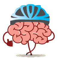 Brain wearing a blue helmet