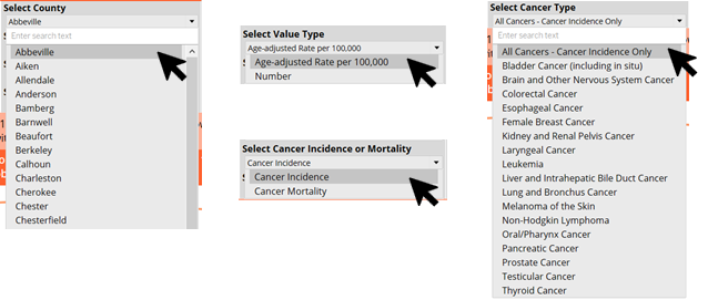 Cancer Dashboard dropdown menu example image