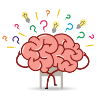 Brain with question marks and lightbulbs above signifying learning