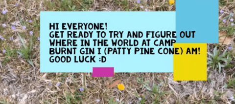 Image of grass with "Hi Everyone! Get Ready to try an figure out where in the world at Camp Burnt Gin I (Patty Pine Cone) am! Good Luck" wording