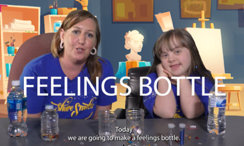 woman and adolescent talking with "feelings bottle" text overlaid