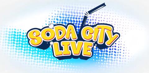 Soda City Live in yellow bubbly letters. Navy straw behind City. Blue dots blurred behind all text